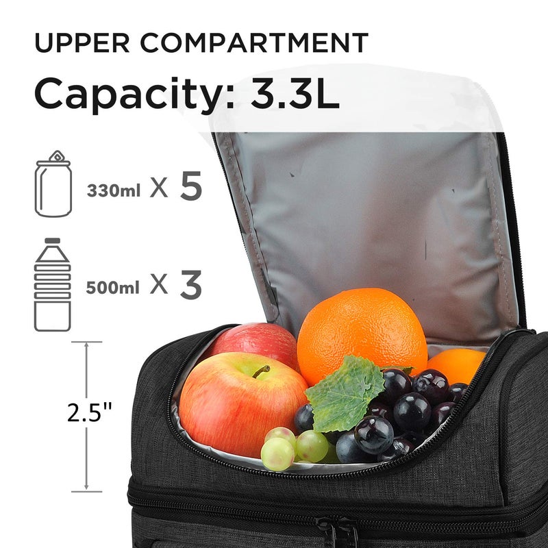 Tirrinia Insulated Lunch Bag  Leakproof Thermal Bento Cooler Tote for Women and Men  Dual Compartment with Shoulder Strap  10.3"" x 7.5"" x 8.6""  Black - Image 3